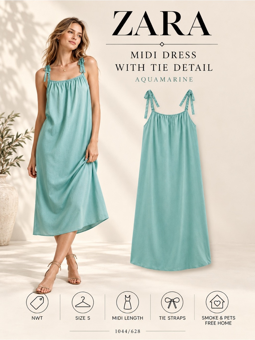 Zara Aquamarine Midi Dress With Tie Detail Size S NWT Minimal Summer Dress